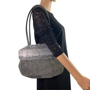 🟢 VINTAGE Gray Over The Shoulder Faux Fur Suede Handbag Tote Purse